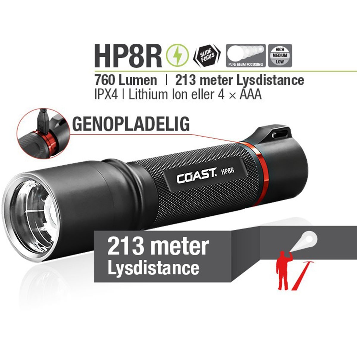 coast hp8r 760 lumen rechargeable pure beam focusing led flashlight COAST 1000 BEAM with SLIDE FOCUS and FLEX CHARGE Dual Power, Black There are penlights Watch COAST HP8R 760 Lumen